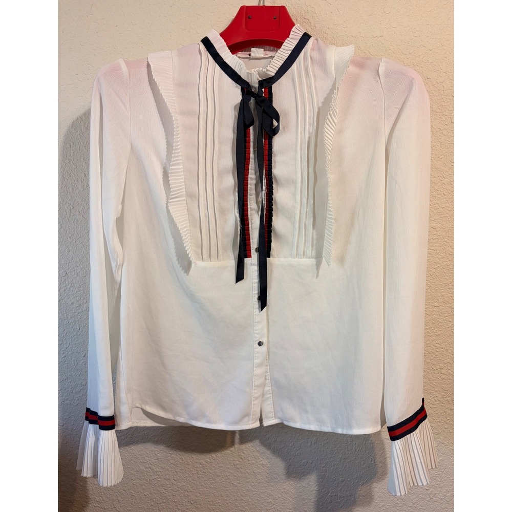 Nylon Apparel White Pleated Bib Blouse Bow Neck Top S Feminine Preppy Chic